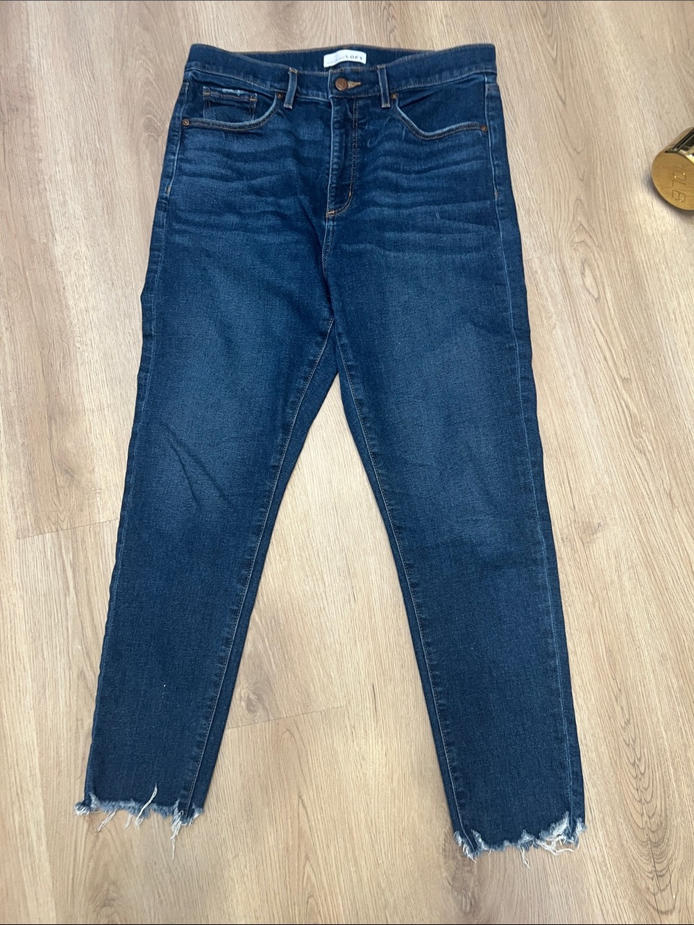 LOFT Dark Blue High-Rise Ankle Jeans with Frayed Hem